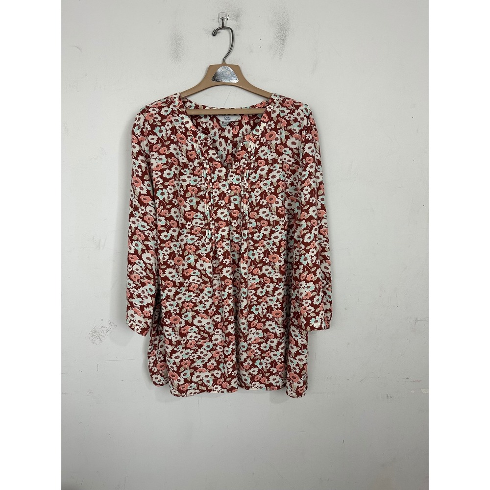 Croft & Barrow Women 4X Floral V-Neck Tunic Blouse Burgundy Red Long Sleeve Top